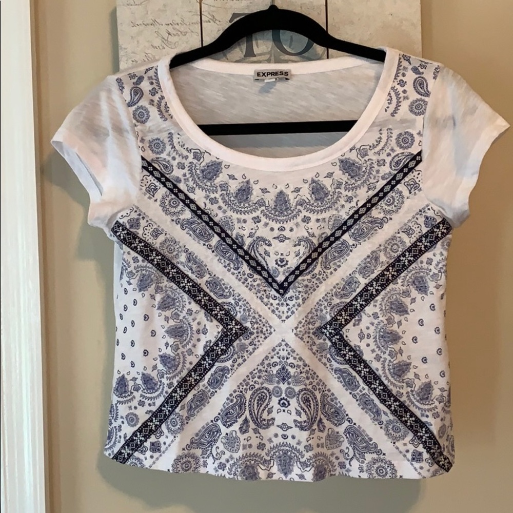 Express Blue and White Decorative Tee Sz XS